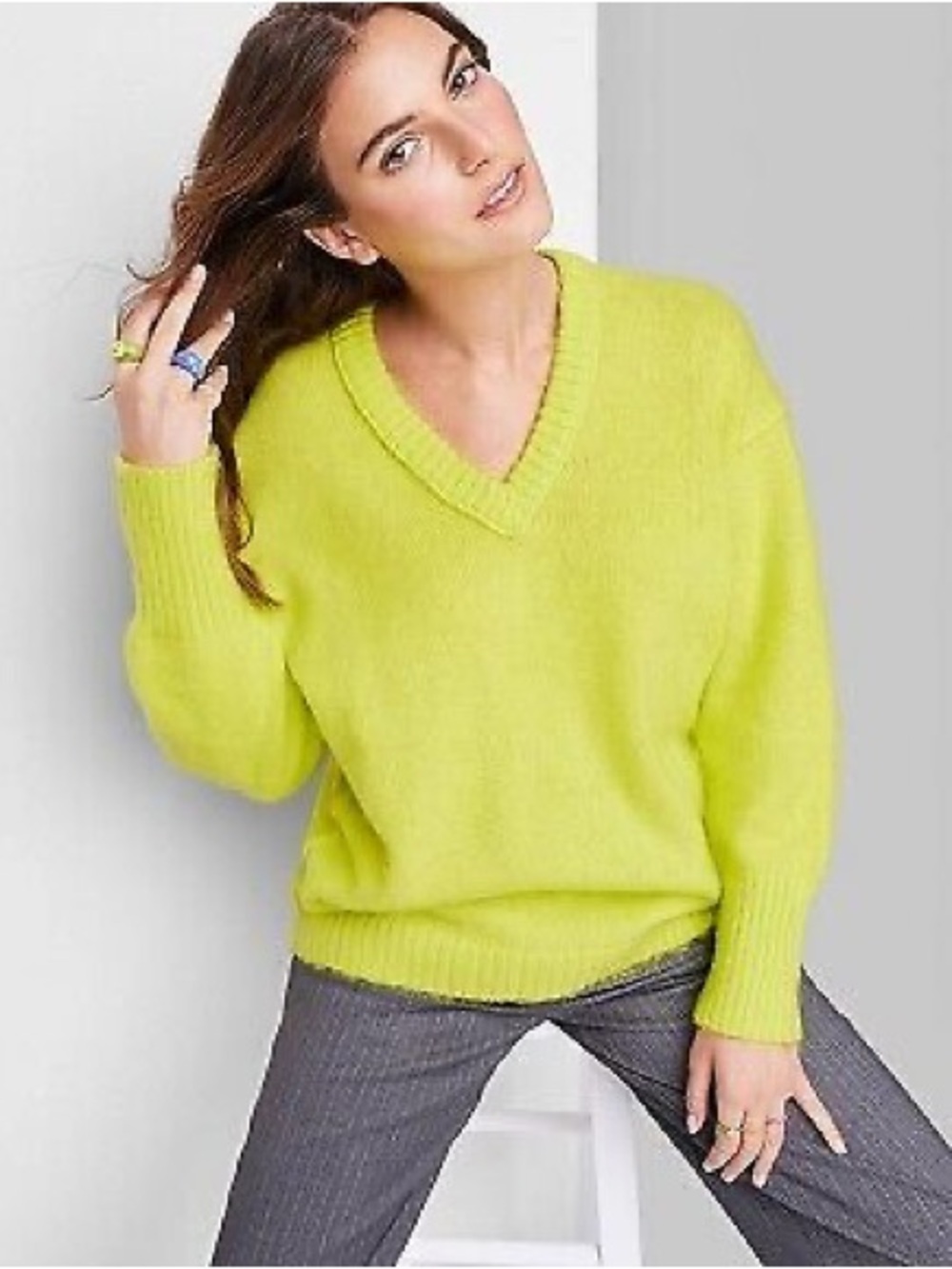Neon Yellow Oversized V-Neck Sweater | Size Large
